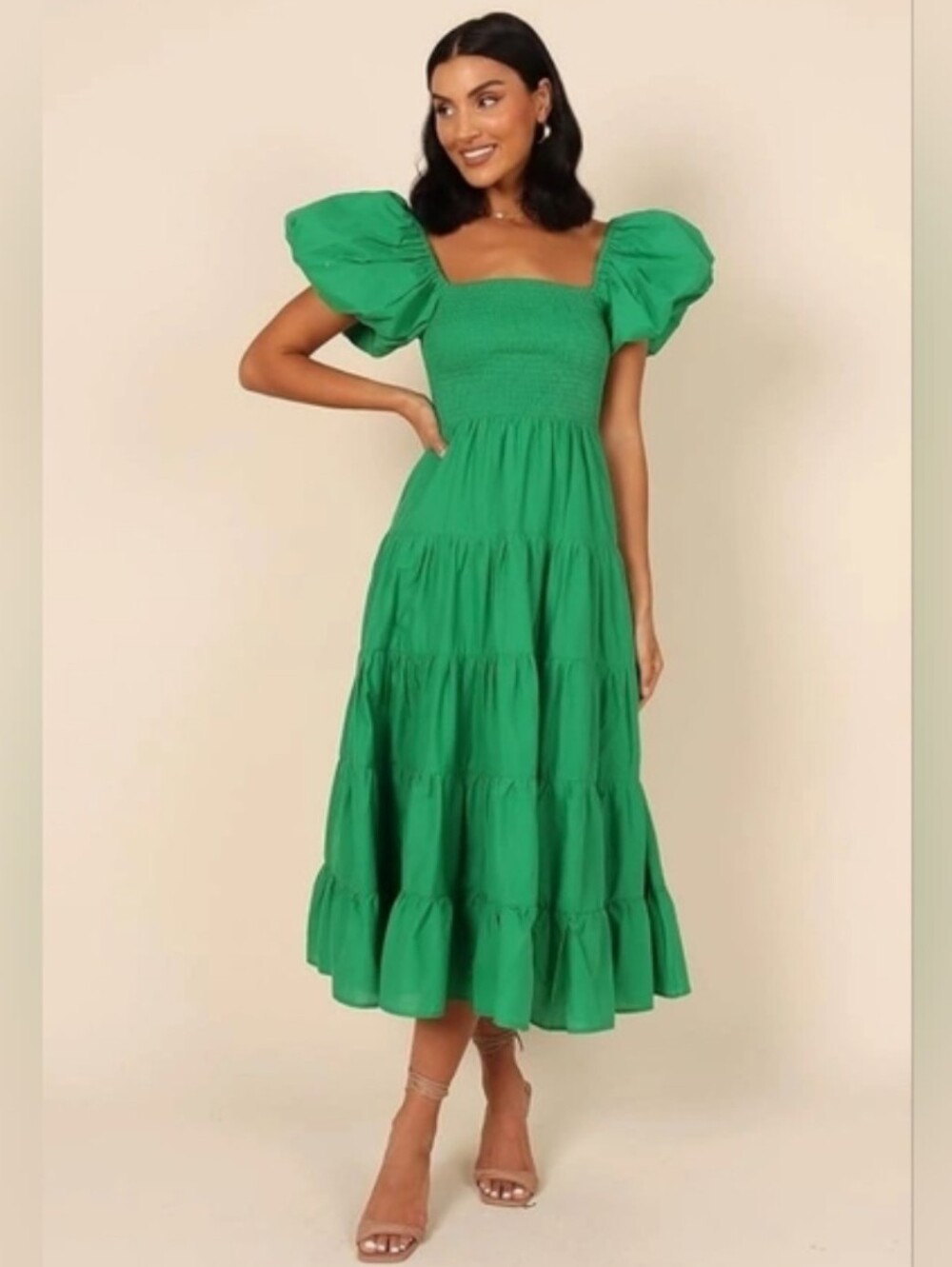 Petal & Pup Emerald Puff-Sleeve Tiered Midi Dress